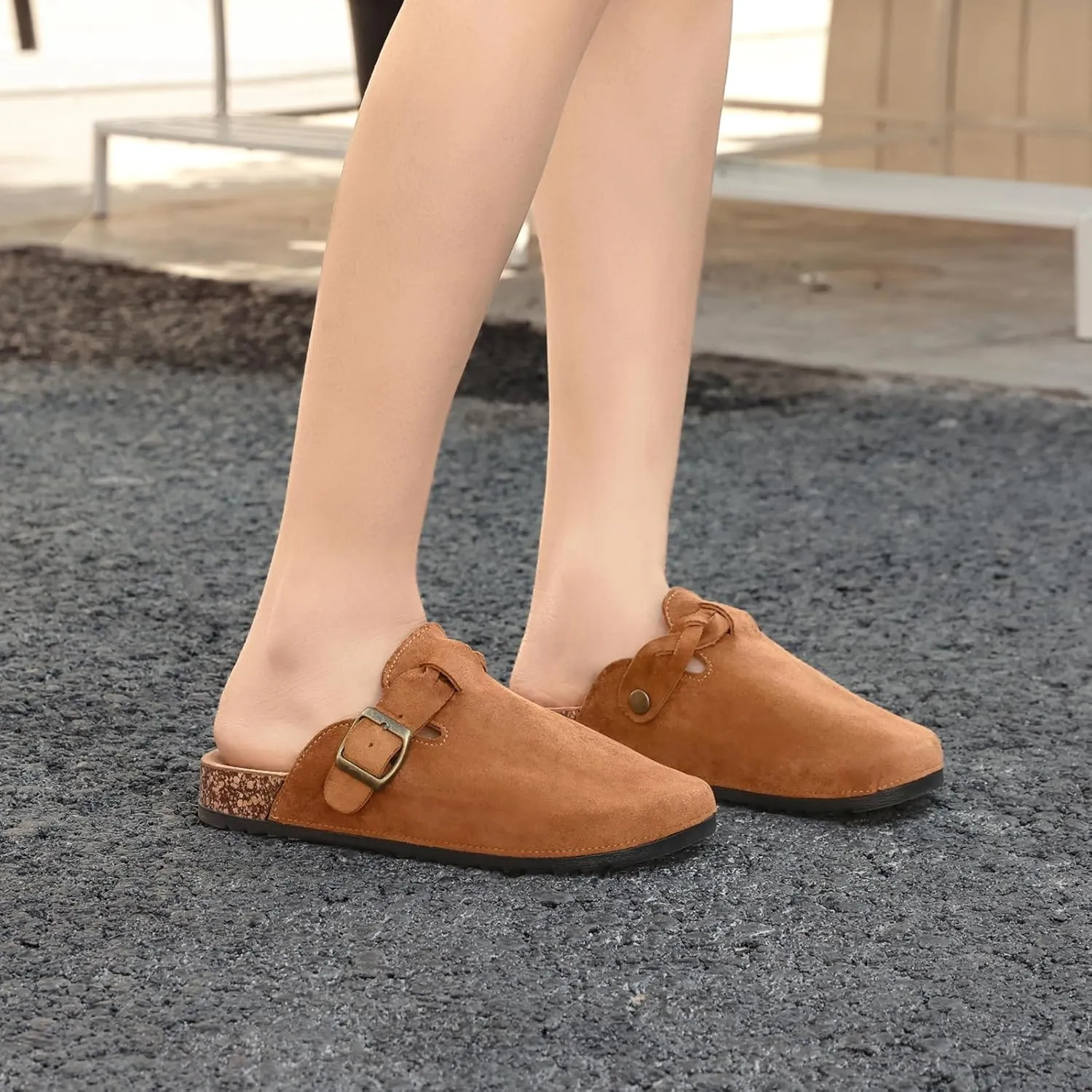 Suede Clogs for Women Men - Soft Cork Footbed Leather Mules with Arch Support, Adjustable Buckle Comfort Potato Shoes, Sandal Slippers