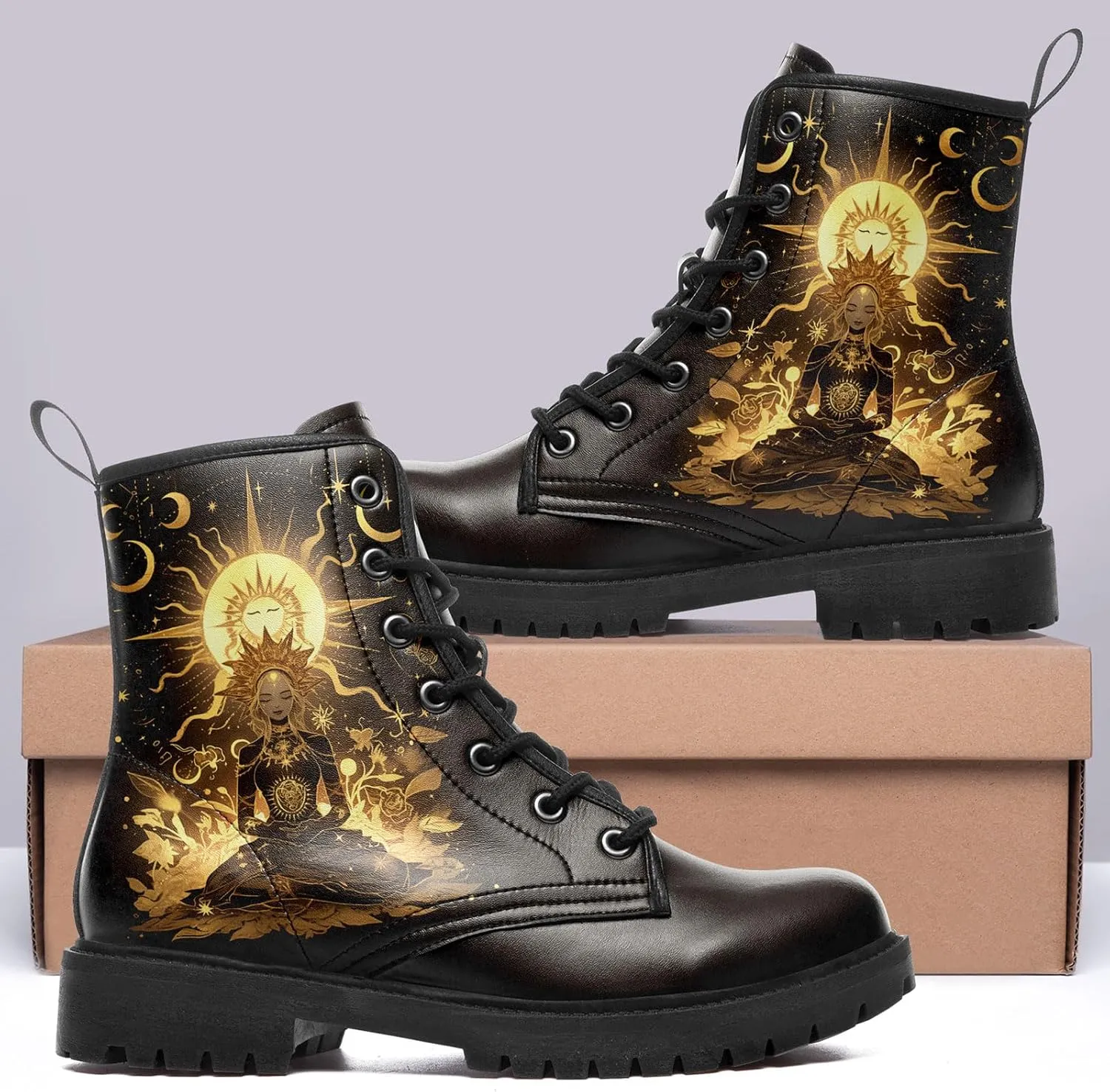 Sun and Moon Fashion Women's Ankle Boots Men's Platform Lace-up Leather Combat Booties Gift Winter Fall Dress Boots