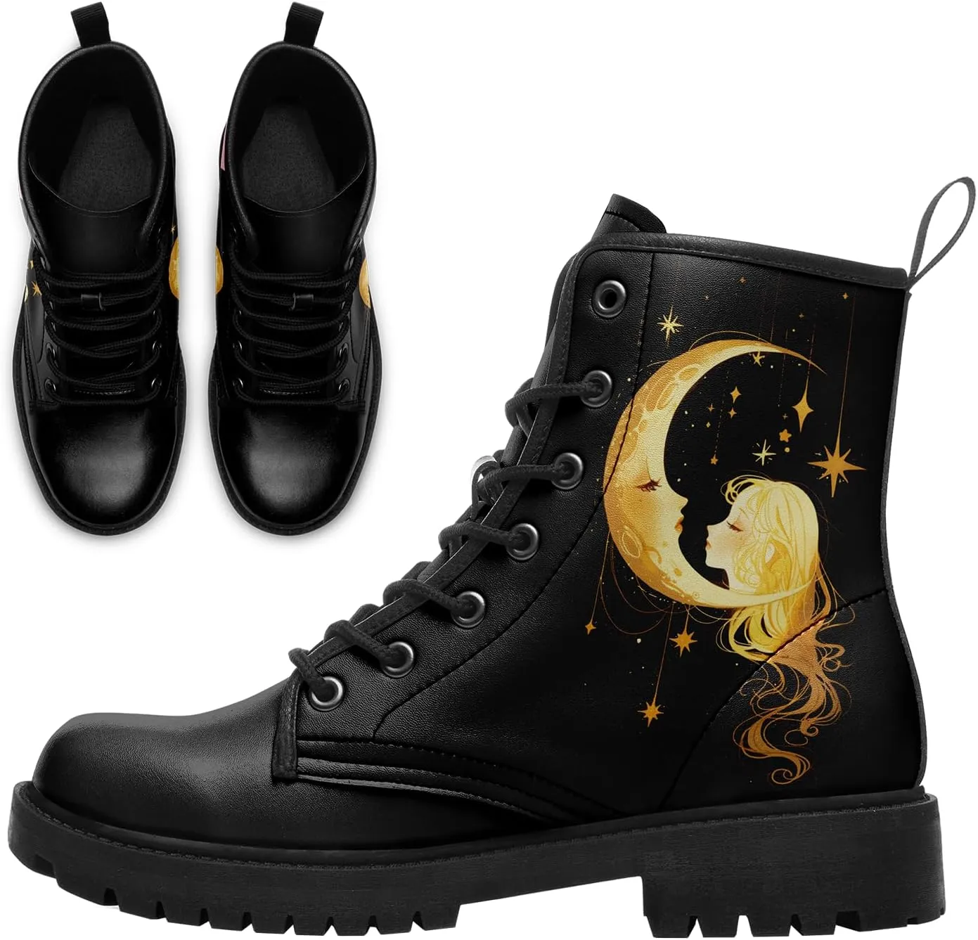 Sun and Moon Fashion Women's Ankle Boots Men's Platform Lace-up Leather Combat Booties Gift Winter Fall Dress Boots