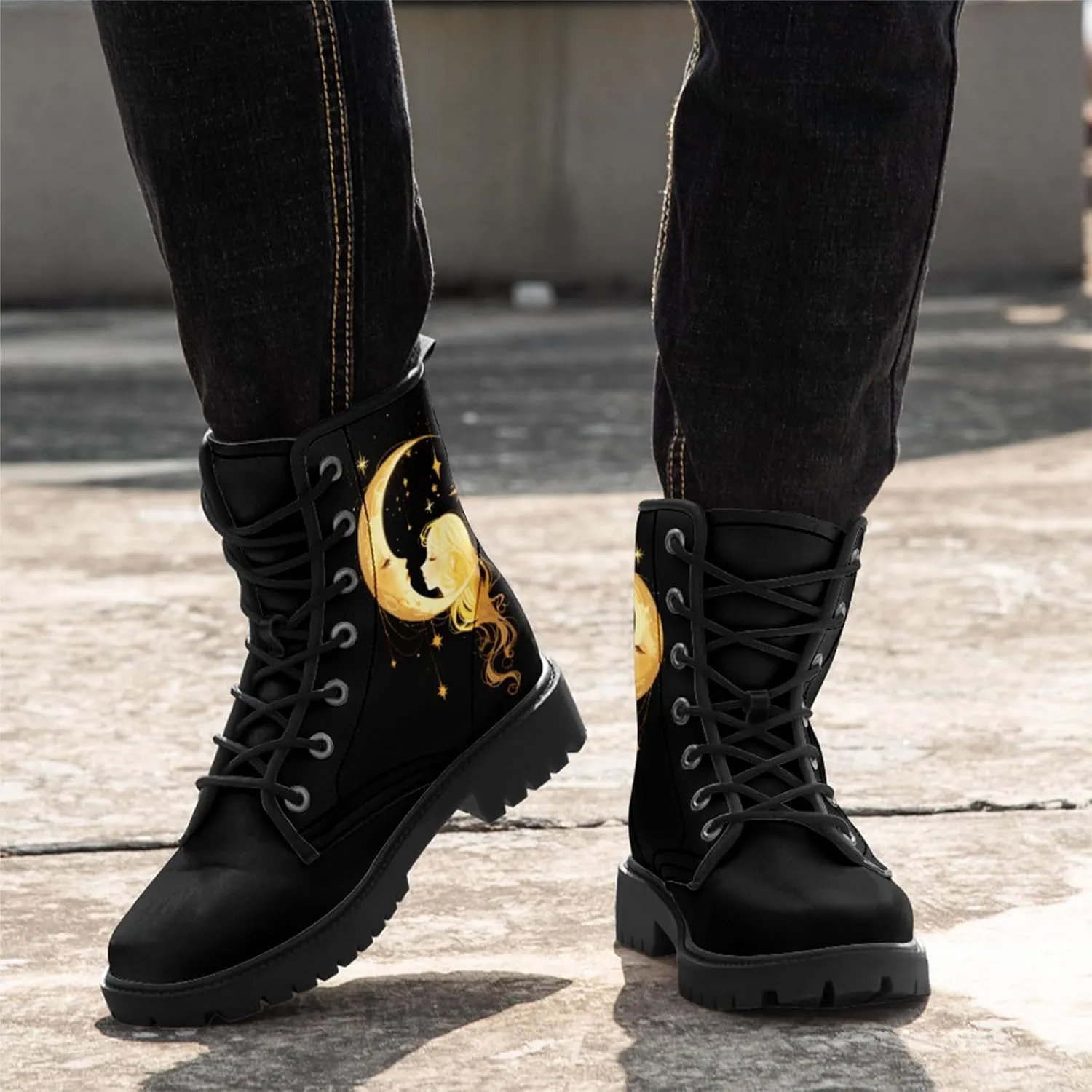 Sun and Moon Fashion Women's Ankle Boots Men's Platform Lace-up Leather Combat Booties Gift Winter Fall Dress Boots