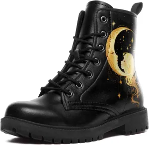 Sun and Moon Fashion Women's Ankle Boots Men's Platform Lace-up Leather Combat Booties Gift Winter Fall Dress Boots