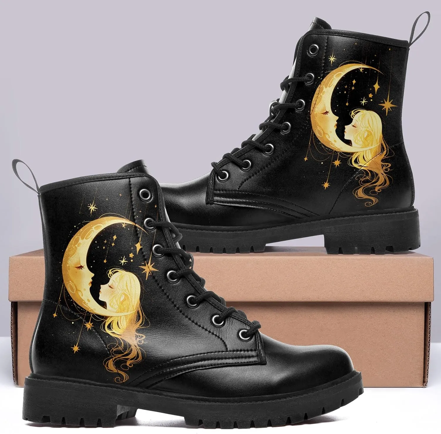 Sun and Moon Fashion Women's Ankle Boots Men's Platform Lace-up Leather Combat Booties Gift Winter Fall Dress Boots