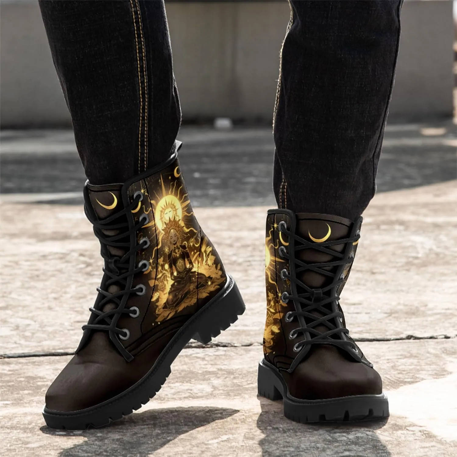 Sun and Moon Fashion Women's Ankle Boots Men's Platform Lace-up Leather Combat Booties Gift Winter Fall Dress Boots