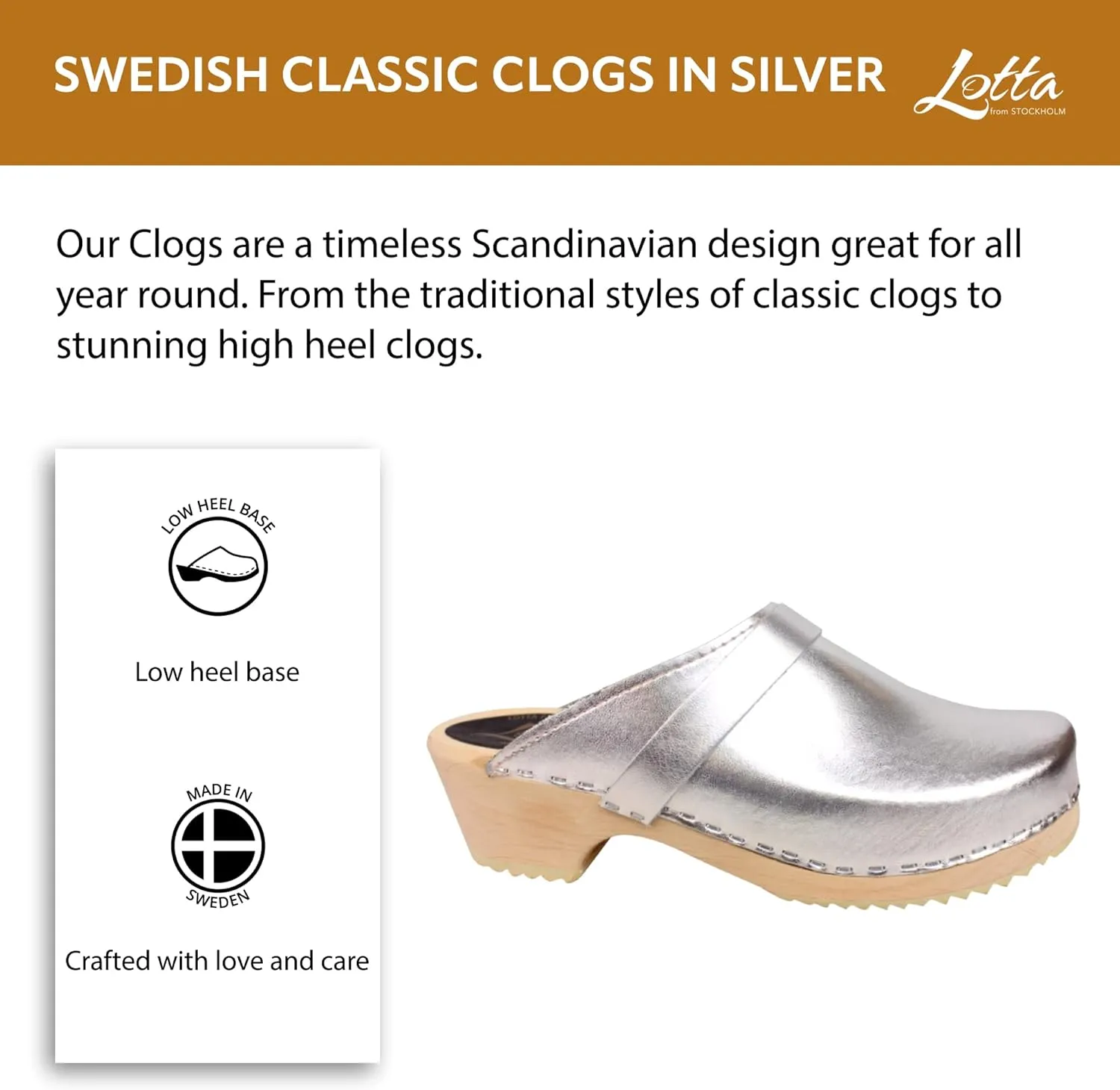 Swedish Classic Clog Mule for Women | Low Heel Slip-on Wooden Clogs Handmade in Sweden | Supportive Alder Wood Base and PU Coated Leather | Silver