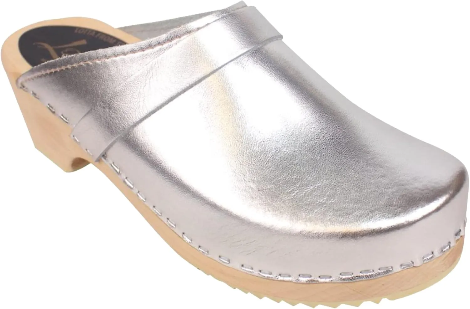 Swedish Classic Clog Mule for Women | Low Heel Slip-on Wooden Clogs Handmade in Sweden | Supportive Alder Wood Base and PU Coated Leather | Silver