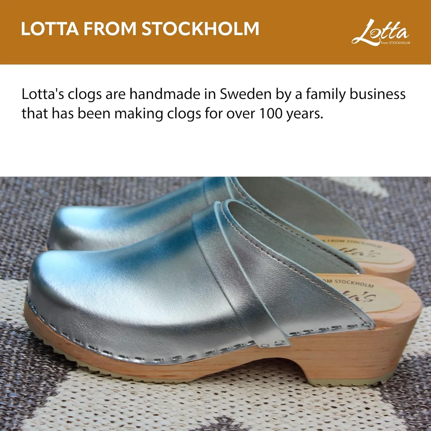 Swedish Classic Clog Mule for Women | Low Heel Slip-on Wooden Clogs Handmade in Sweden | Supportive Alder Wood Base and PU Coated Leather | Silver