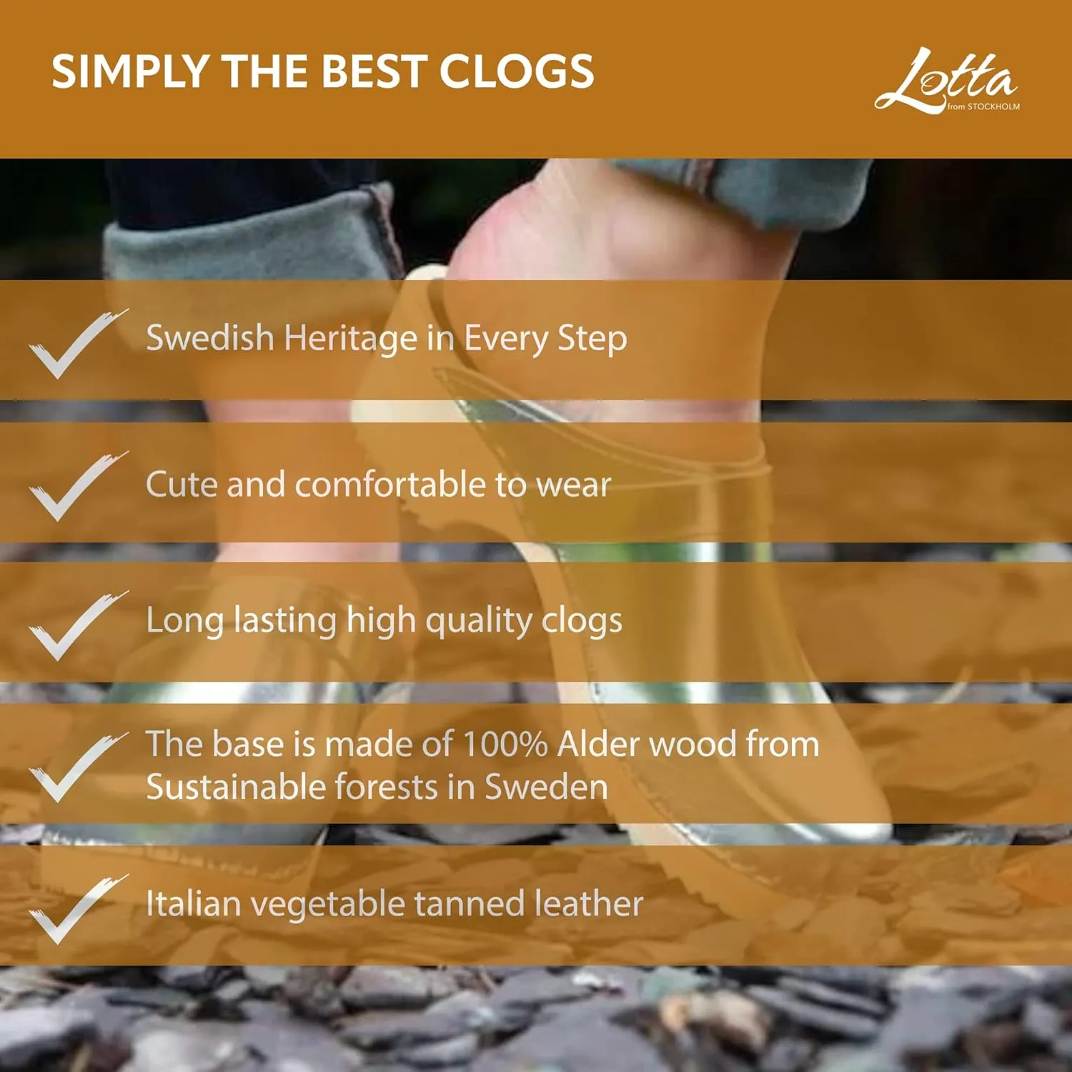 Swedish Classic Clog Mule for Women | Low Heel Slip-on Wooden Clogs Handmade in Sweden | Supportive Alder Wood Base and PU Coated Leather | Silver