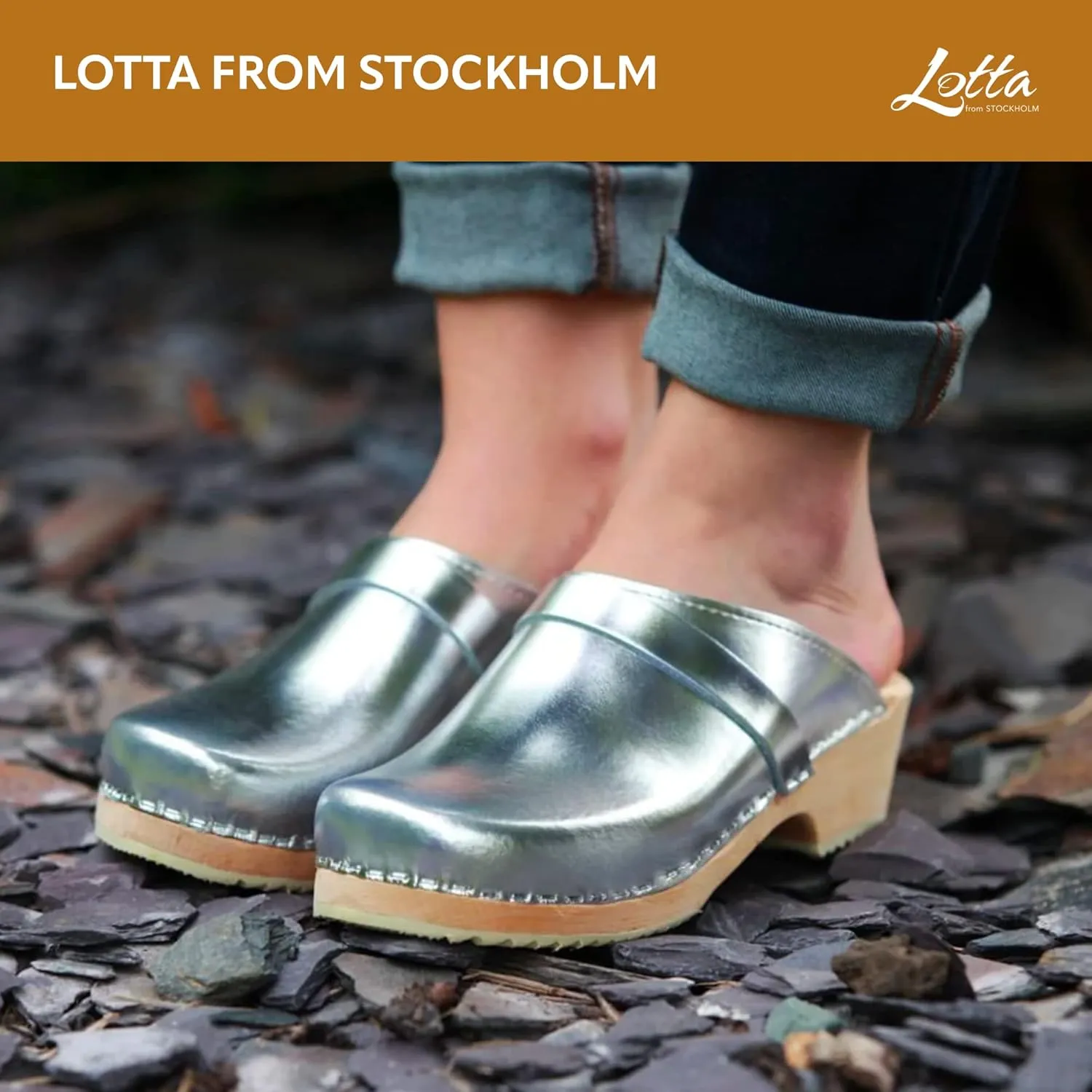 Swedish Classic Clog Mule for Women | Low Heel Slip-on Wooden Clogs Handmade in Sweden | Supportive Alder Wood Base and PU Coated Leather | Silver