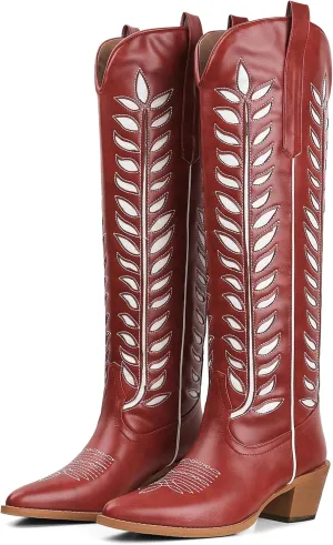 Synchoiss Cowboy Boots for Women Knee High with Retro Embroidered Cowgirl Boots Almond Pointed Toe Chunky Heel Western Tall Boots Pull on