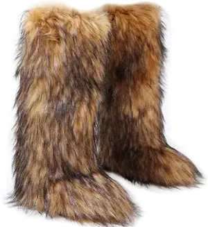 Tall Furry Faux Fur Boots for Women,Winter Snow Fluffy Long Boots for Girls,Knee-High Flat