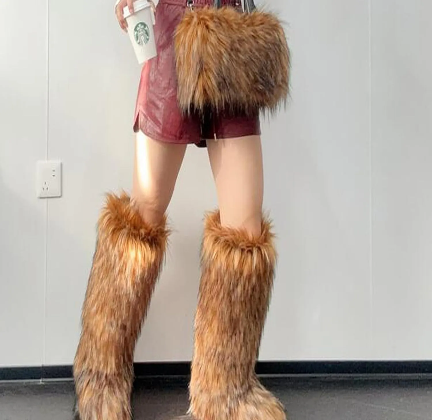 Tall Furry Faux Fur Boots for Women,Winter Snow Fluffy Long Boots for Girls,Knee-High Flat