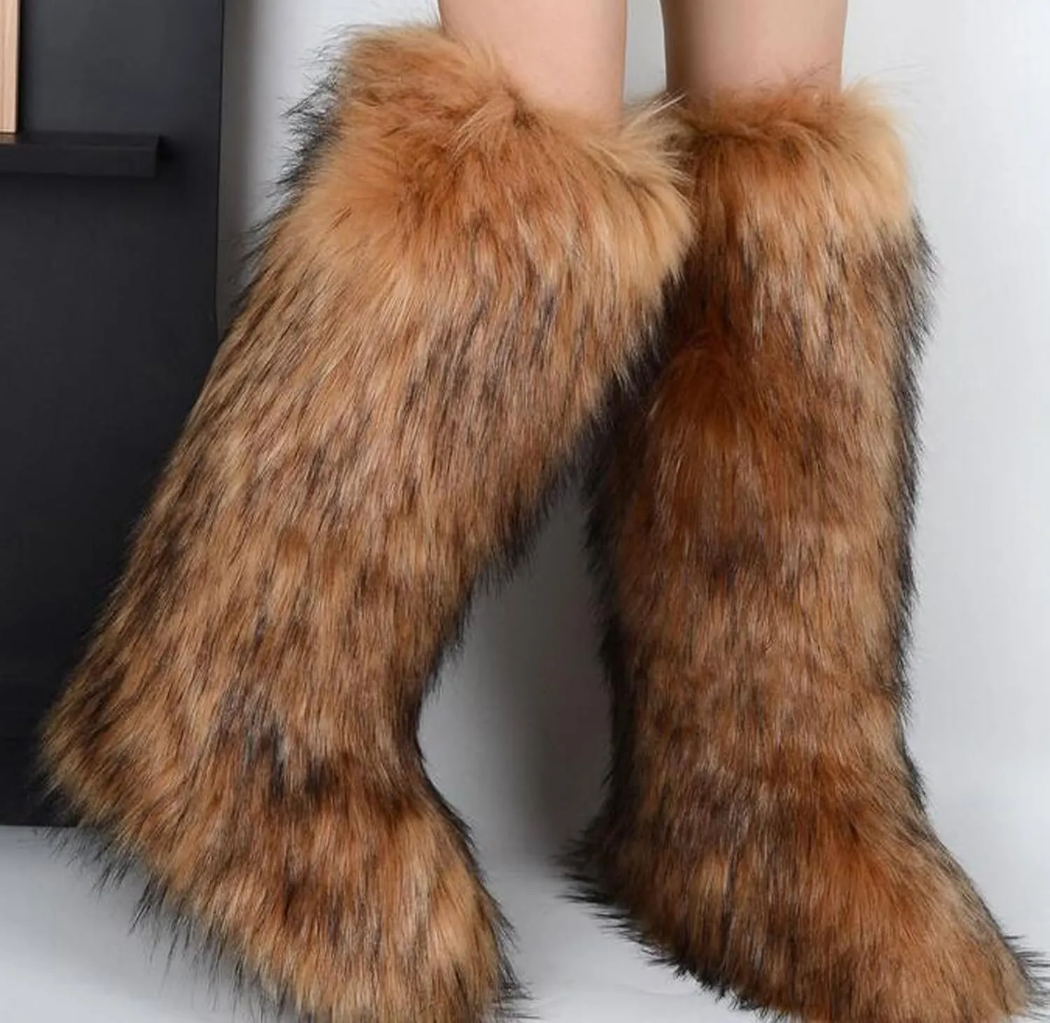 Tall Furry Faux Fur Boots for Women,Winter Snow Fluffy Long Boots for Girls,Knee-High Flat