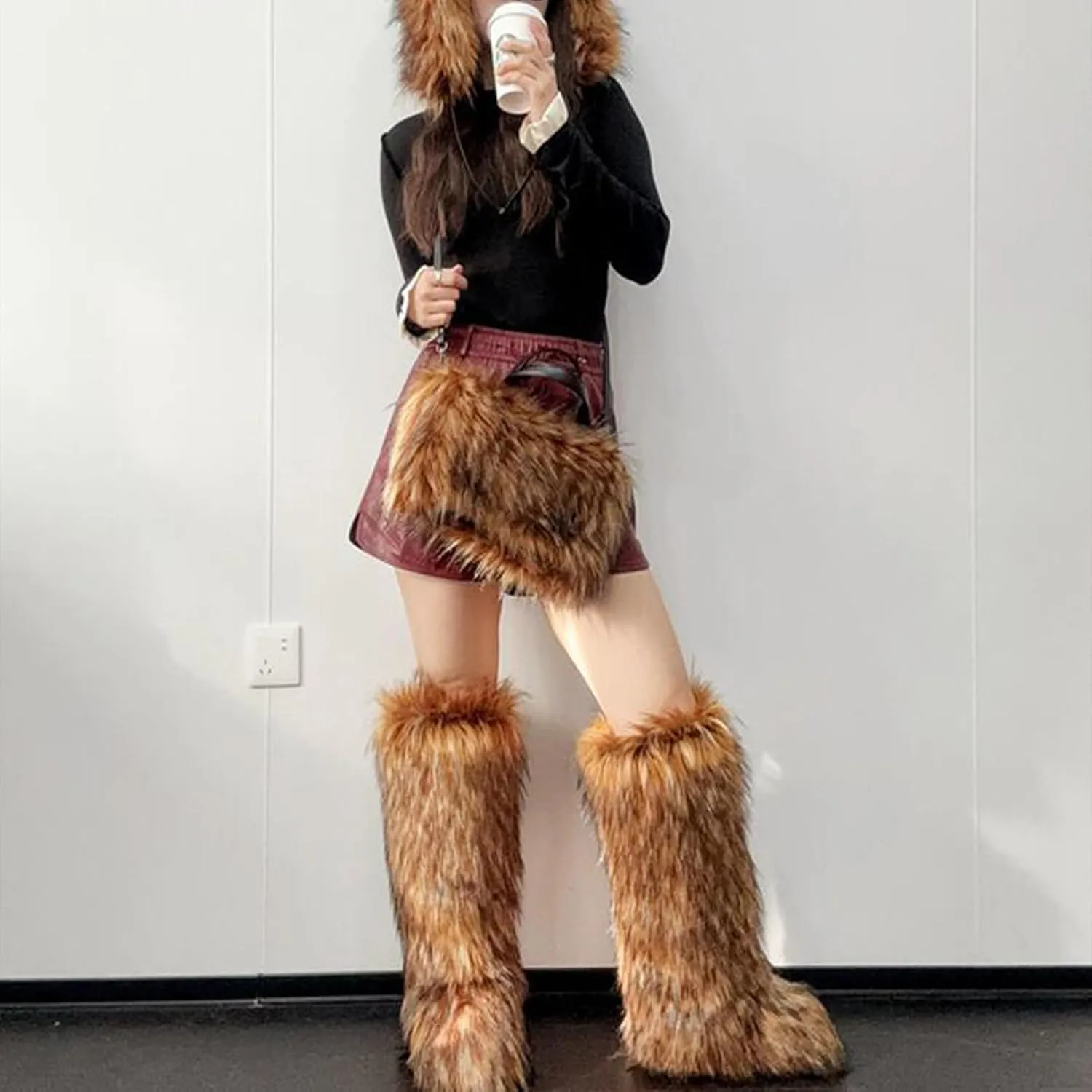 Tall Furry Faux Fur Boots for Women,Winter Snow Fluffy Long Boots for Girls,Knee-High Flat