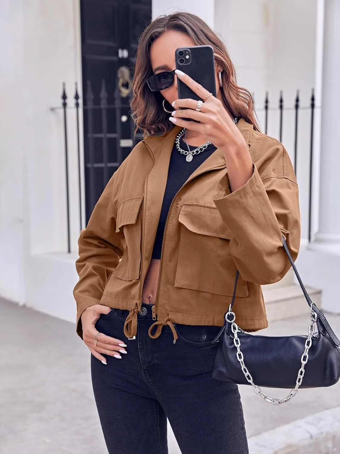 Tankaneo Women Casual Cropped Jackets Zip Up Lightweight Military Safari Short Utility Coat with Pockets