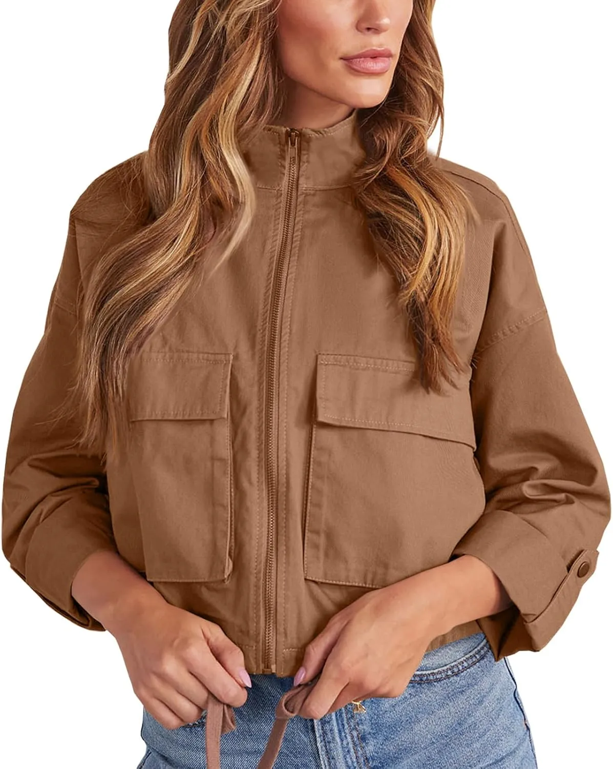 Tankaneo Women Casual Cropped Jackets Zip Up Lightweight Military Safari Short Utility Coat with Pockets