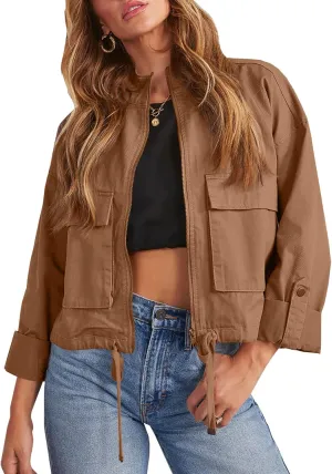 Tankaneo Women Casual Cropped Jackets Zip Up Lightweight Military Safari Short Utility Coat with Pockets