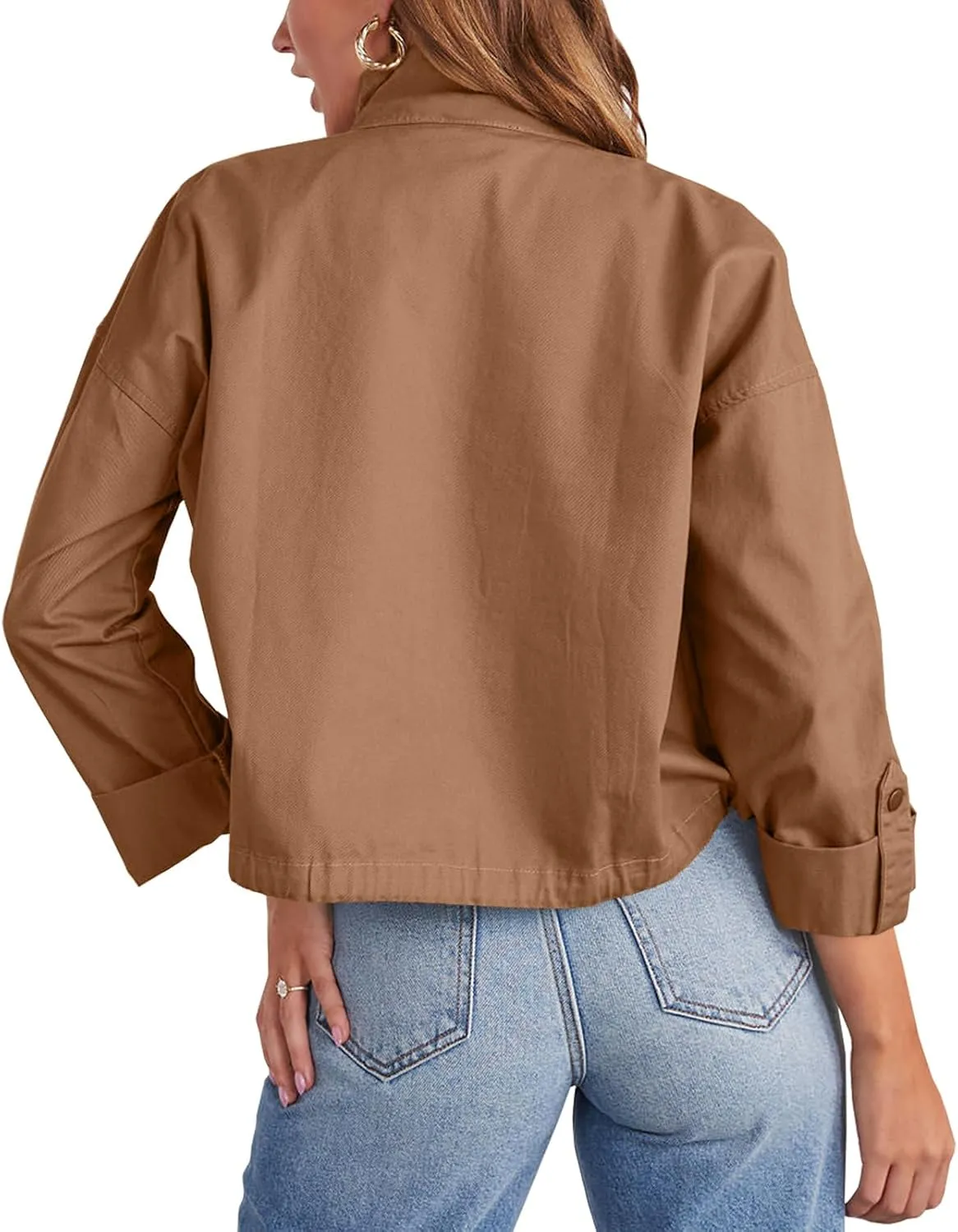Tankaneo Women Casual Cropped Jackets Zip Up Lightweight Military Safari Short Utility Coat with Pockets