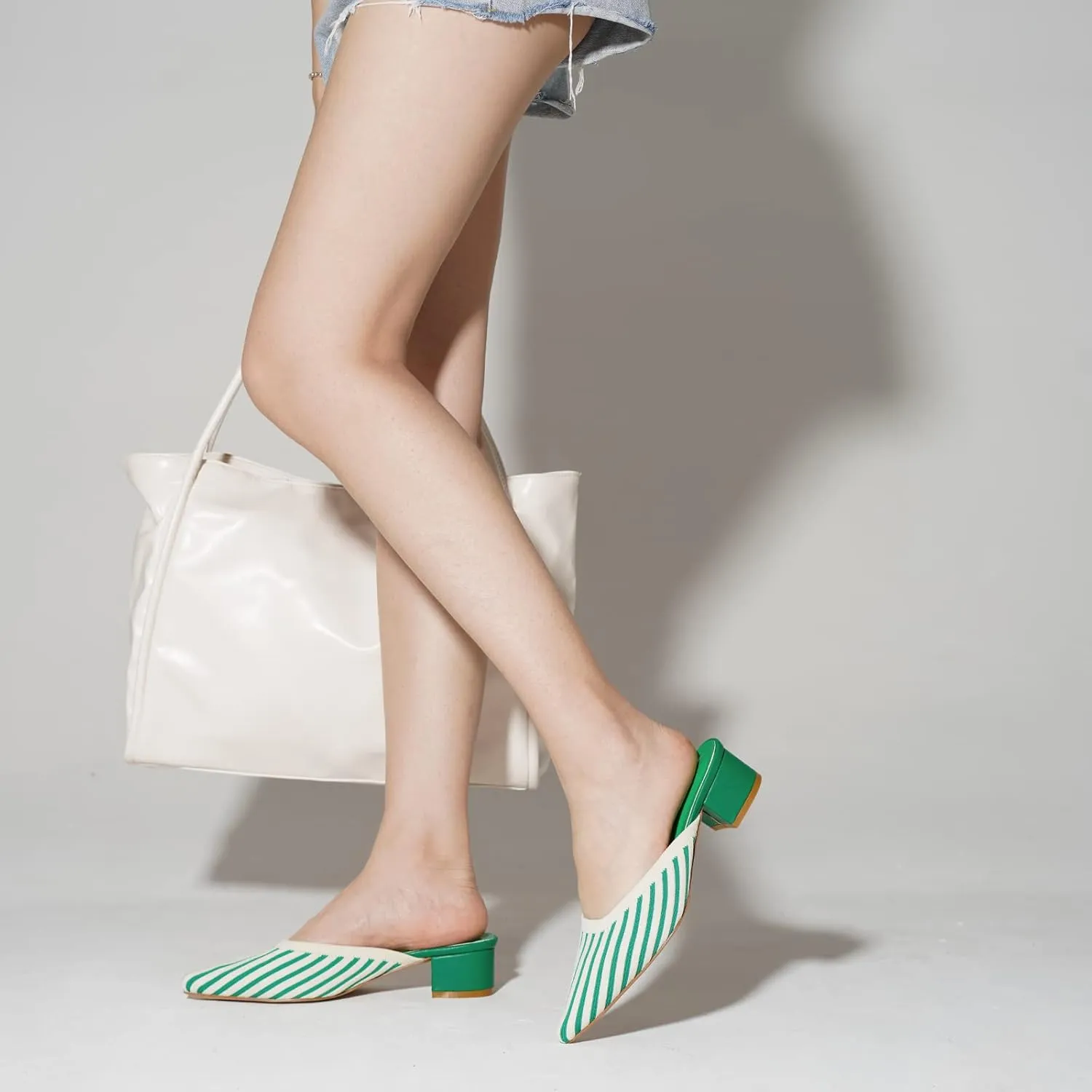 TIJN Heels,Pointed Toe Mules for Momen with Low Heel, Breathable Mesh Knit Slip On Flat Sandals,Helka