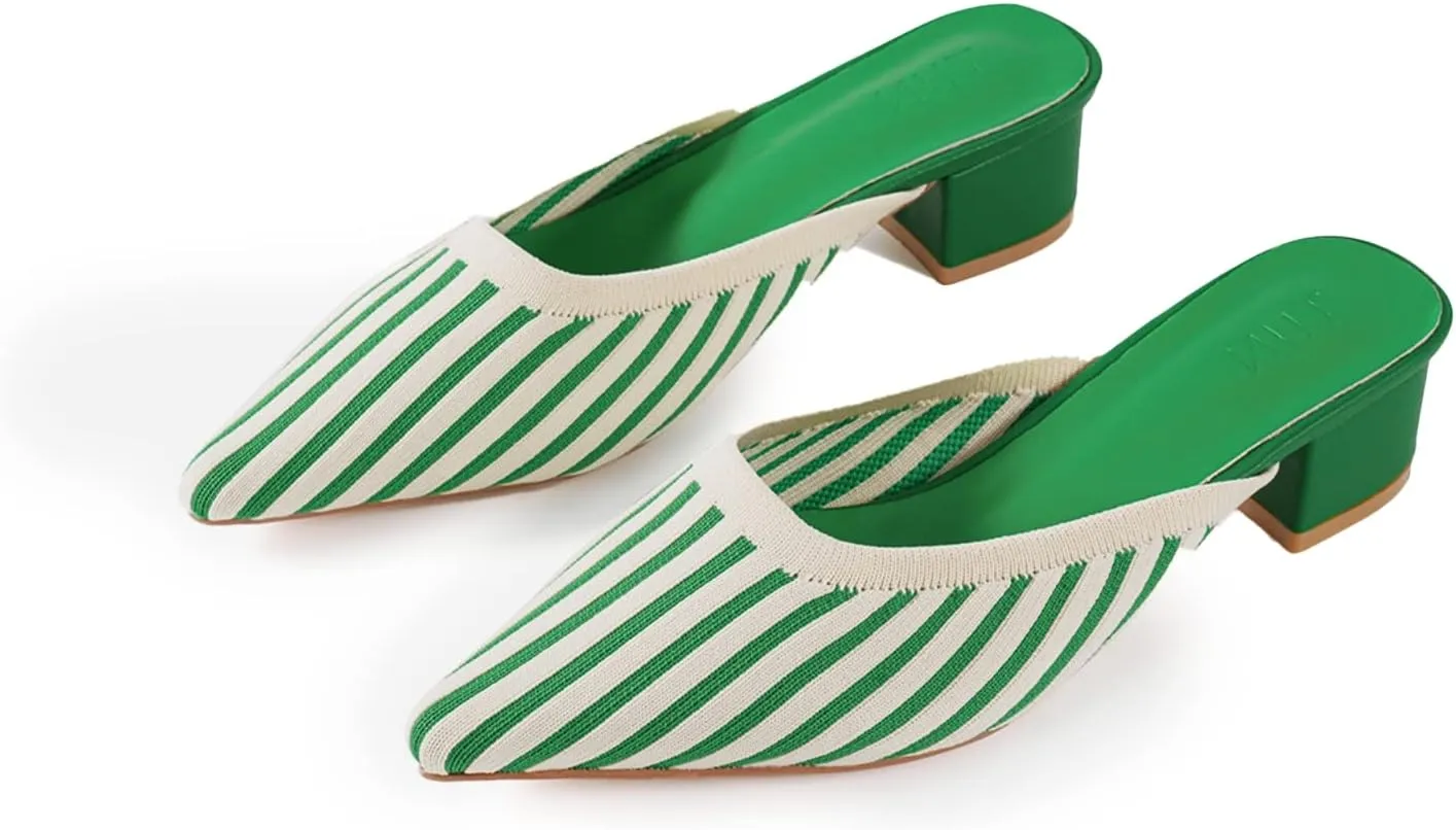 TIJN Heels,Pointed Toe Mules for Momen with Low Heel, Breathable Mesh Knit Slip On Flat Sandals,Helka