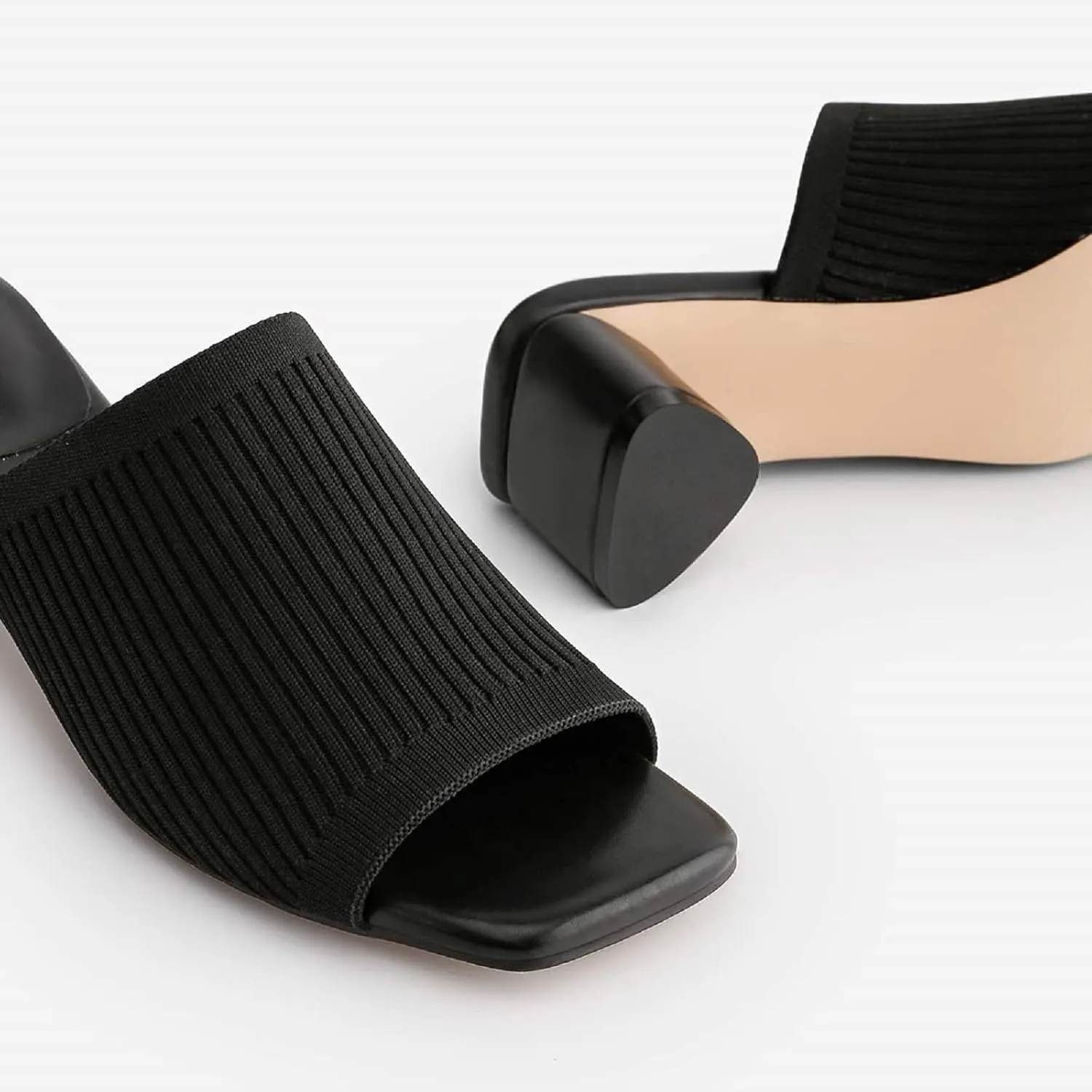 TIJN Open Toe Heeled Mules for Women, Square Flat, Triangle Low Block Heels, Breathable Recycled Knit Fabric, 100% Vegan, No Squeezing, Slip-On Design(Katrin)