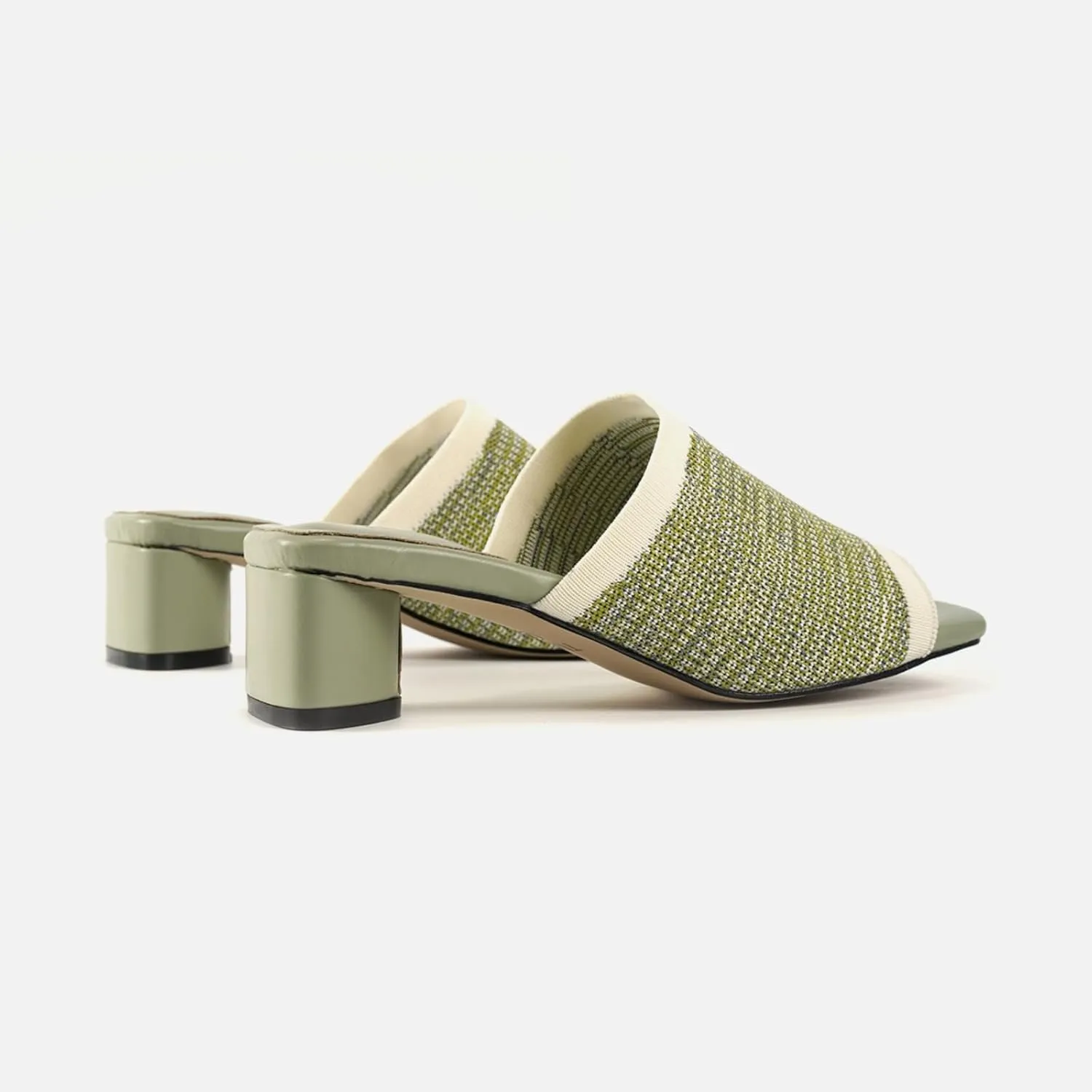 TIJN Open Toe Heeled Mules for Women, Square Flat, Triangle Low Block Heels, Breathable Recycled Knit Fabric, 100% Vegan, No Squeezing, Slip-On Design(Katrin)