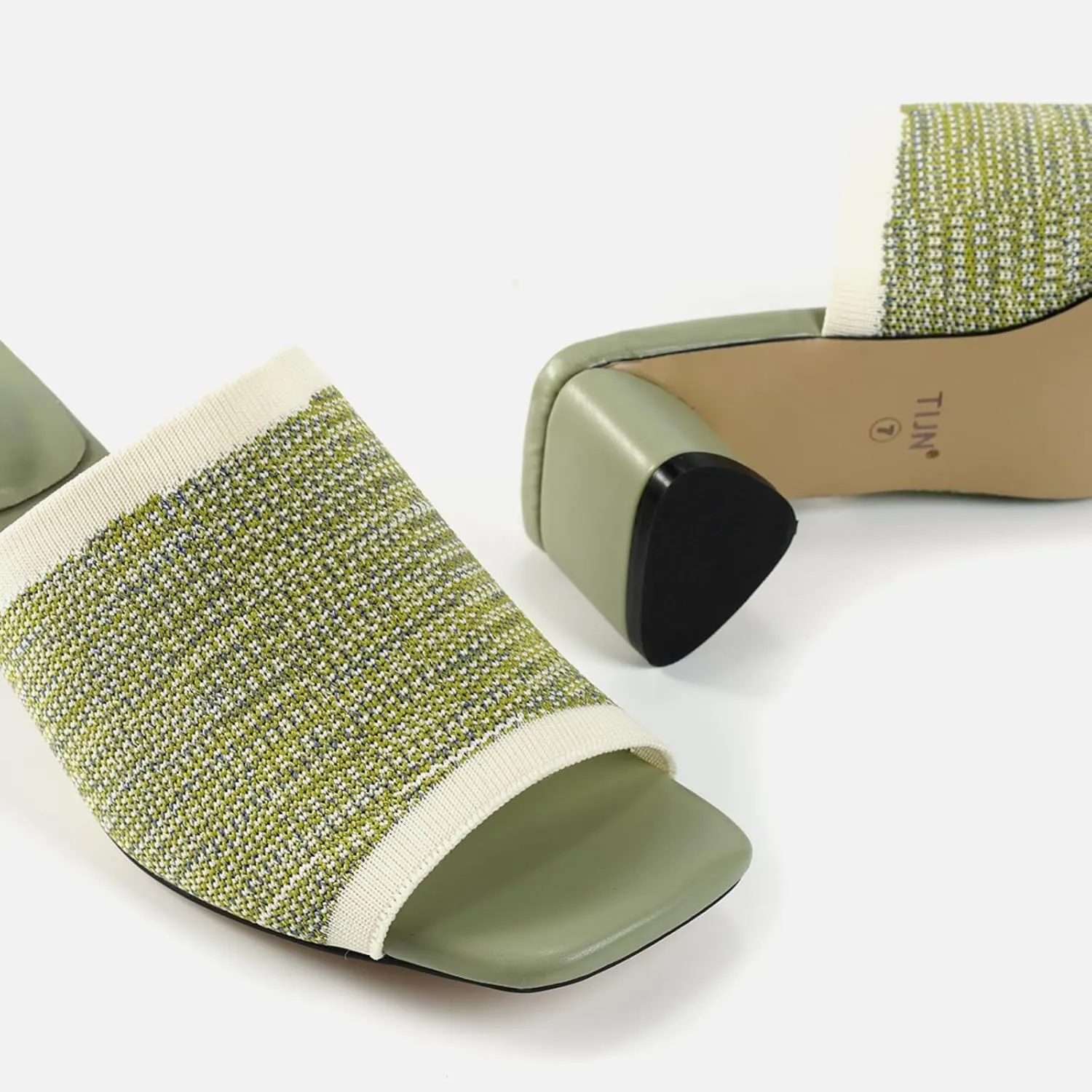 TIJN Open Toe Heeled Mules for Women, Square Flat, Triangle Low Block Heels, Breathable Recycled Knit Fabric, 100% Vegan, No Squeezing, Slip-On Design(Katrin)
