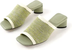 TIJN Open Toe Heeled Mules for Women, Square Flat, Triangle Low Block Heels, Breathable Recycled Knit Fabric, 100% Vegan, No Squeezing, Slip-On Design(Katrin)