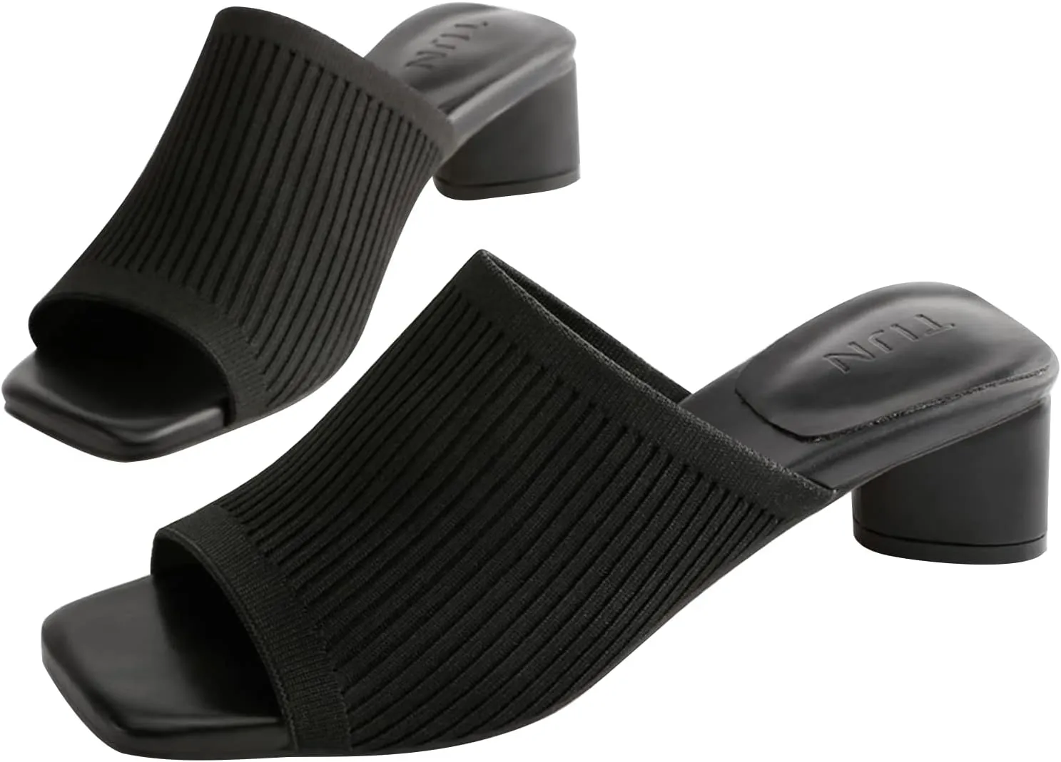 TIJN Open Toe Heeled Mules for Women, Square Flat, Triangle Low Block Heels, Breathable Recycled Knit Fabric, 100% Vegan, No Squeezing, Slip-On Design(Katrin)
