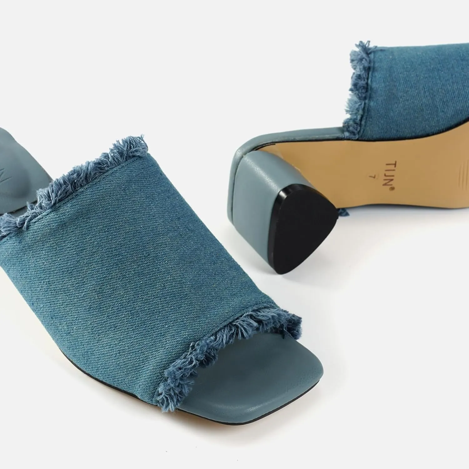 TIJN Open Toe Heeled Mules for Women, Square Flat, Triangle Low Block Heels, Breathable Recycled Knit Fabric, 100% Vegan, No Squeezing, Slip-On Design(Katrin)