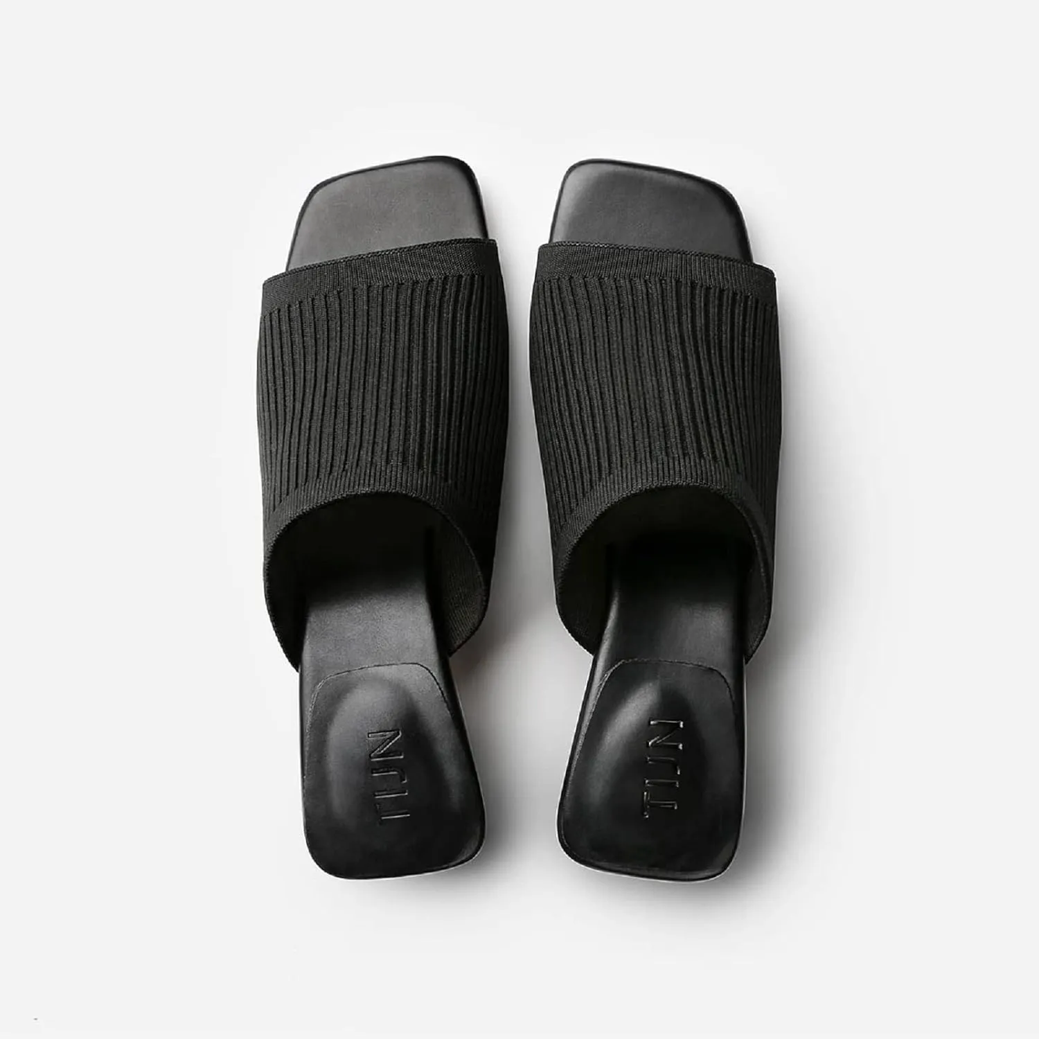 TIJN Open Toe Heeled Mules for Women, Square Flat, Triangle Low Block Heels, Breathable Recycled Knit Fabric, 100% Vegan, No Squeezing, Slip-On Design(Katrin)