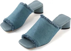 TIJN Open Toe Heeled Mules for Women, Square Flat, Triangle Low Block Heels, Breathable Recycled Knit Fabric, 100% Vegan, No Squeezing, Slip-On Design(Katrin)