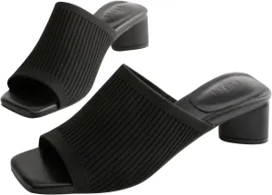 TIJN Open Toe Heeled Mules for Women, Square Flat, Triangle Low Block Heels, Breathable Recycled Knit Fabric, 100% Vegan, No Squeezing, Slip-On Design(Katrin)