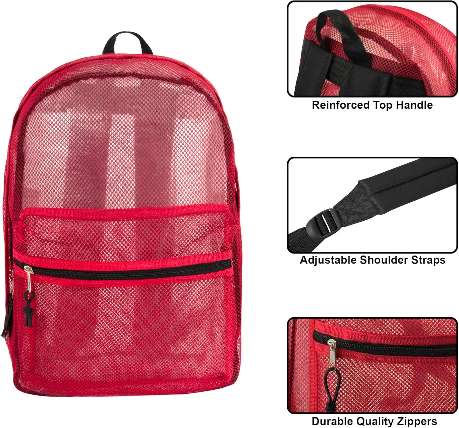 Transparent Mesh Backpacks for School Kids, Beach, Travel - Mesh See Through Backpack with Padded Straps (Red) Large