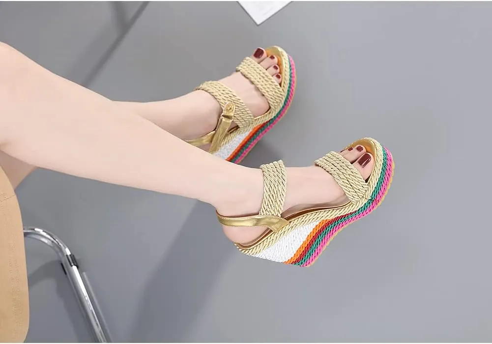 Tscoyuki Women's Braided Silk Ribbon Wedges Sandals, Platform Open Toe Buckle Ankle Strap Summer High Wedge Heels Shoes