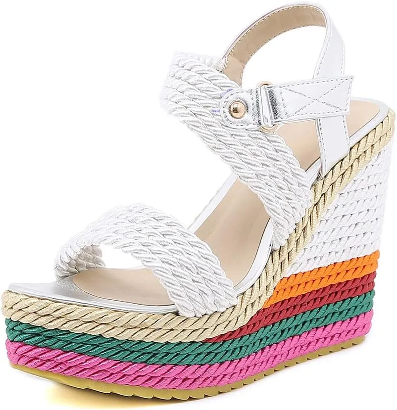 Tscoyuki Women's Braided Silk Ribbon Wedges Sandals, Platform Open Toe Buckle Ankle Strap Summer High Wedge Heels Shoes
