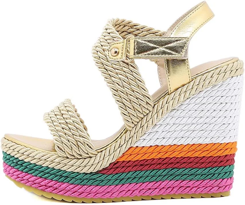 Tscoyuki Women's Braided Silk Ribbon Wedges Sandals, Platform Open Toe Buckle Ankle Strap Summer High Wedge Heels Shoes