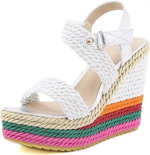 Tscoyuki Women's Braided Silk Ribbon Wedges Sandals, Platform Open Toe Buckle Ankle Strap Summer High Wedge Heels Shoes
