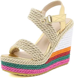 Tscoyuki Women's Braided Silk Ribbon Wedges Sandals, Platform Open Toe Buckle Ankle Strap Summer High Wedge Heels Shoes