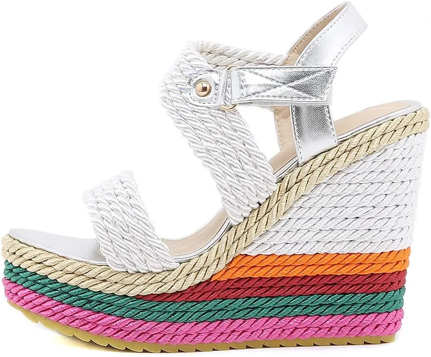 Tscoyuki Women's Braided Silk Ribbon Wedges Sandals, Platform Open Toe Buckle Ankle Strap Summer High Wedge Heels Shoes