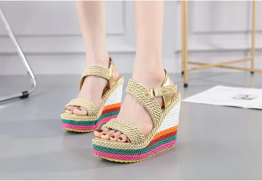 Tscoyuki Women's Braided Silk Ribbon Wedges Sandals, Platform Open Toe Buckle Ankle Strap Summer High Wedge Heels Shoes