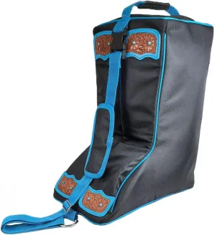Turquoise Flower 1680D Nylon Western Boot Bag with Hand Tooled Leather Accents and 2 Year Warranty