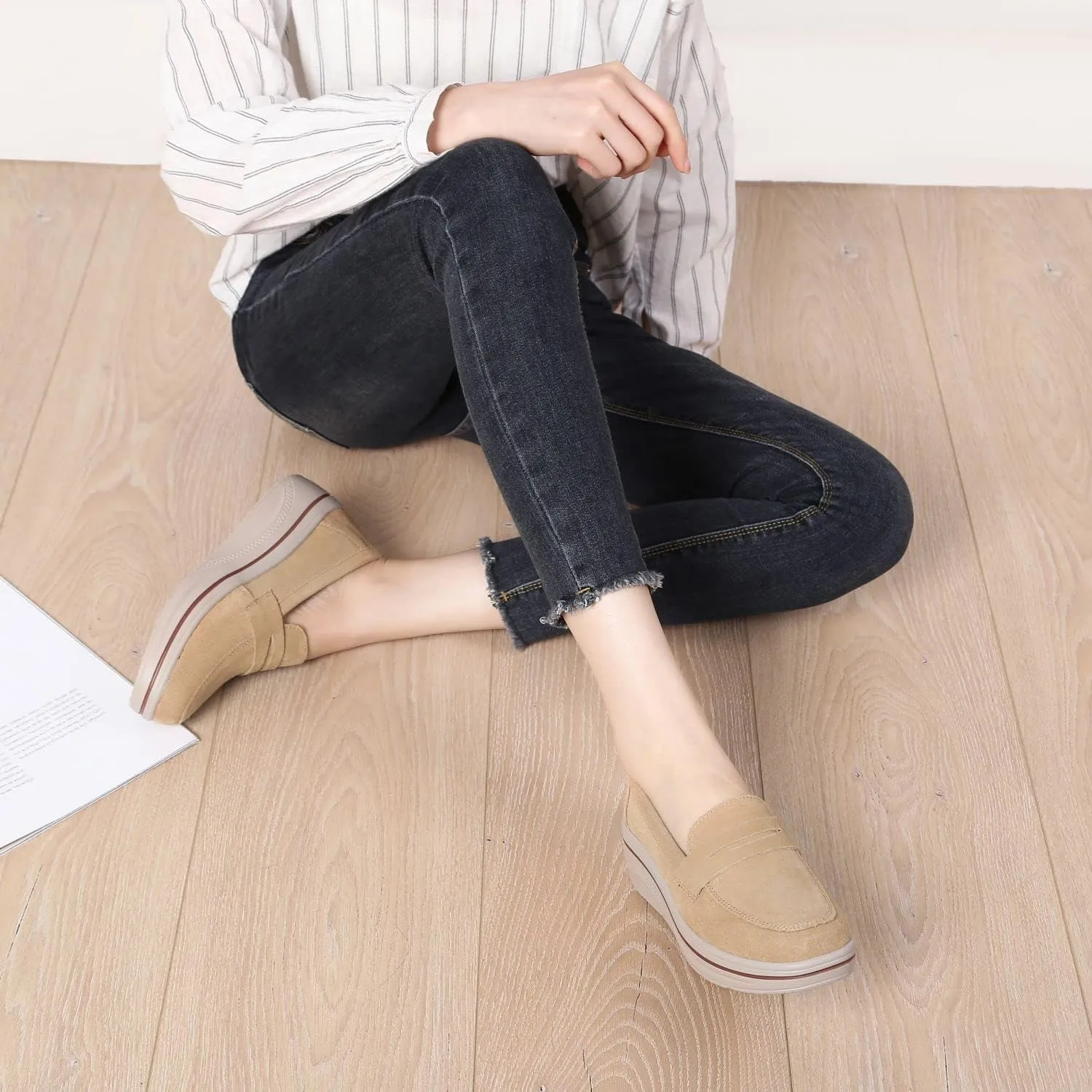Veroders Women's Suede Wedge Loafers Slip-On Comfortable Penny Loafers Thick Soft Platform Shoes Business Work Walking