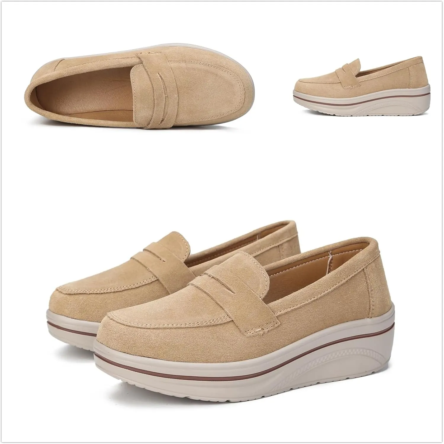 Veroders Women's Suede Wedge Loafers Slip-On Comfortable Penny Loafers Thick Soft Platform Shoes Business Work Walking