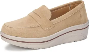 Veroders Women's Suede Wedge Loafers Slip-On Comfortable Penny Loafers Thick Soft Platform Shoes Business Work Walking