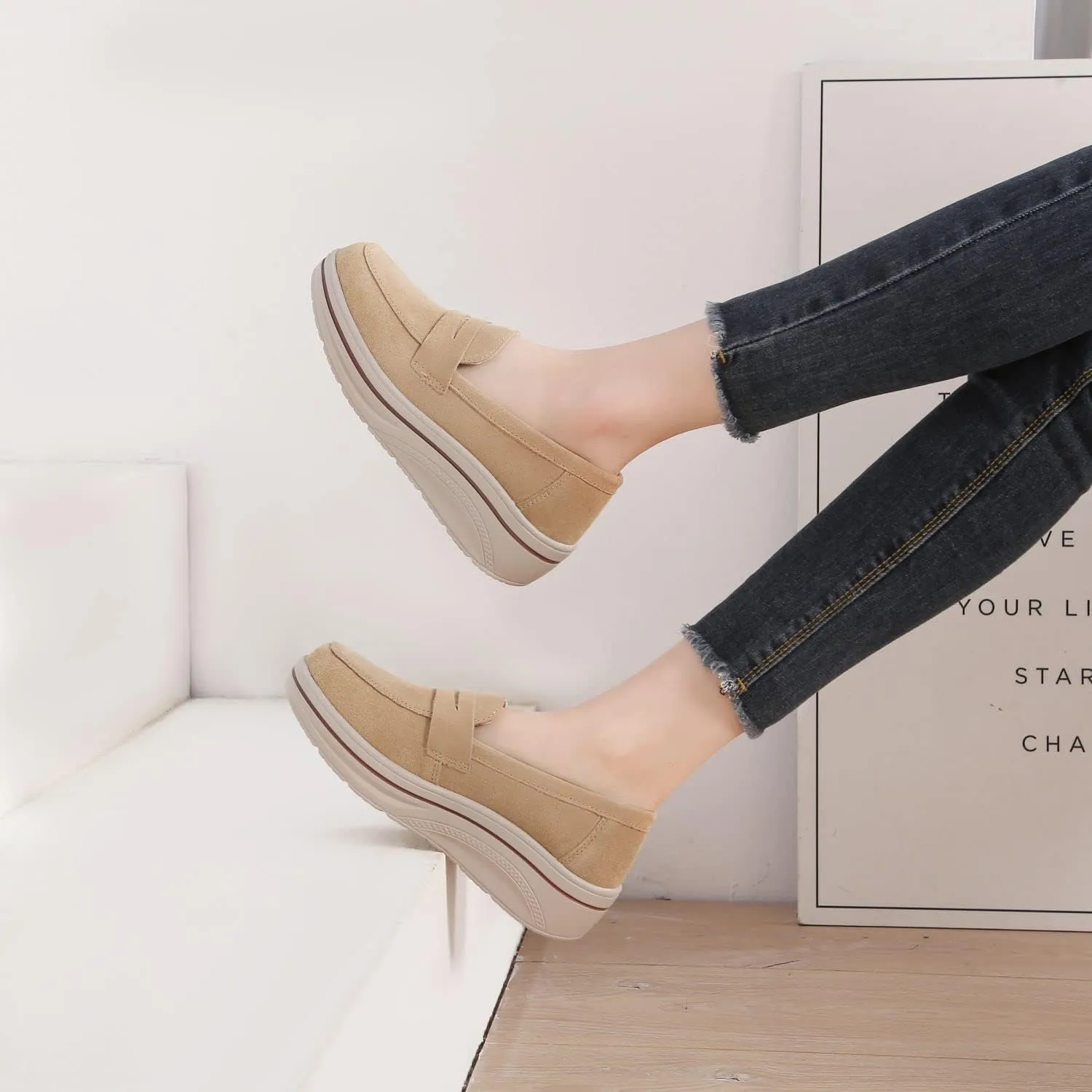 Veroders Women's Suede Wedge Loafers Slip-On Comfortable Penny Loafers Thick Soft Platform Shoes Business Work Walking
