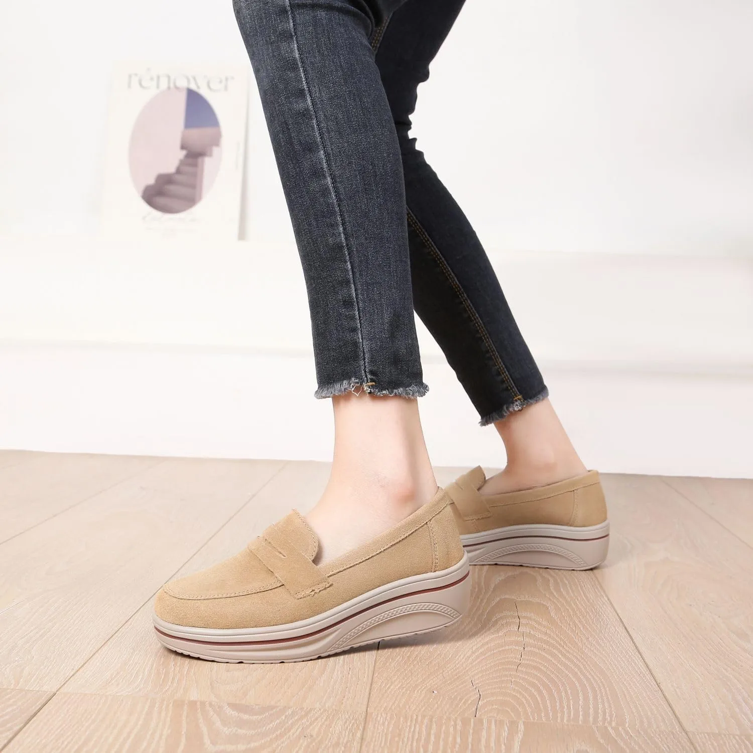 Veroders Women's Suede Wedge Loafers Slip-On Comfortable Penny Loafers Thick Soft Platform Shoes Business Work Walking
