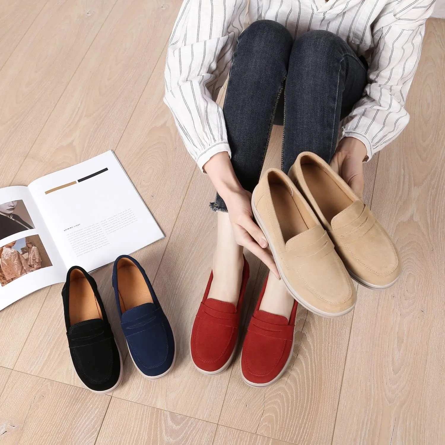 Veroders Women's Suede Wedge Loafers Slip-On Comfortable Penny Loafers Thick Soft Platform Shoes Business Work Walking