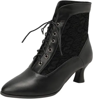 Victorian Ankle Boots for Women,Women's Ankle Boots Mid Calf Boots Gothic Kitten Heel Lace Up Mesh Vintage Pointed Toe Knight Boots Witch Boots for Women Wedding Bridal Shoes