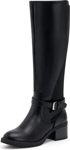 vodvob Women's Knee High Boots Chunky Heel Comfortable Riding Boots Side Zipper with Buckle