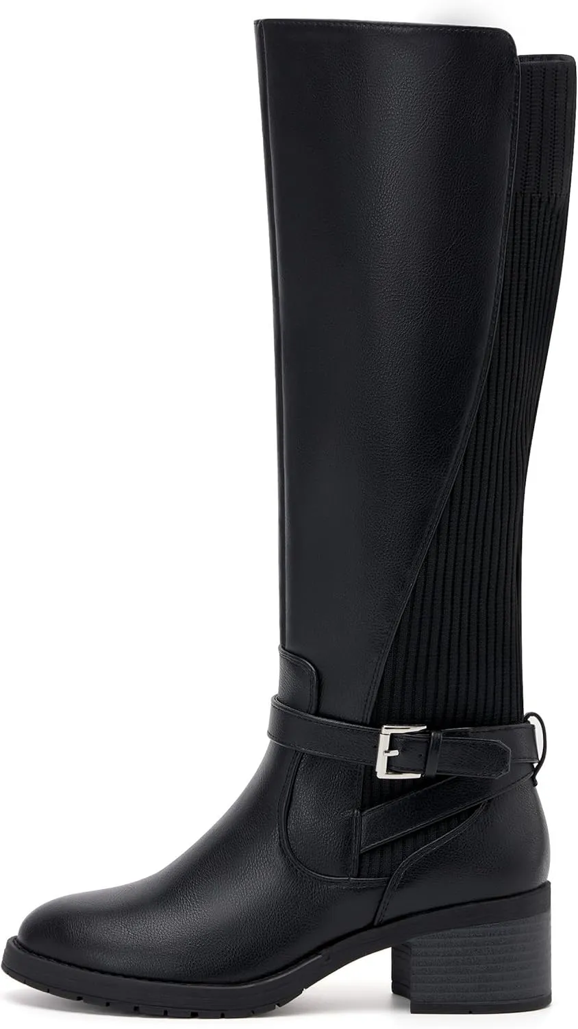 vodvob Women's Knee High Boots Chunky Heel Comfortable Riding Boots Side Zipper with Buckle
